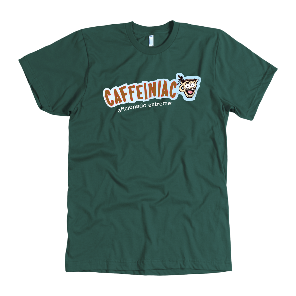 front view of a green t-shirt with the Caffeiniac aficionado extreme design 
