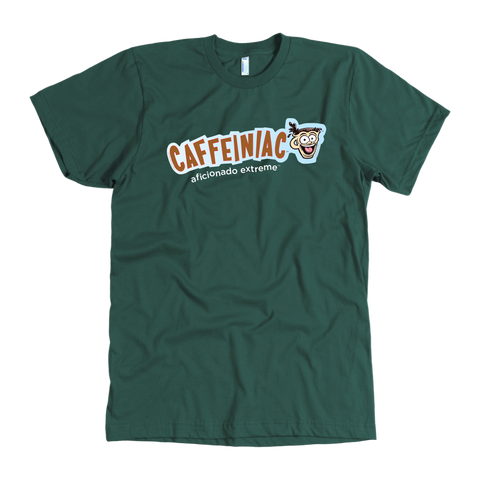 Image of front view of a green t-shirt with the Caffeiniac aficionado extreme design 