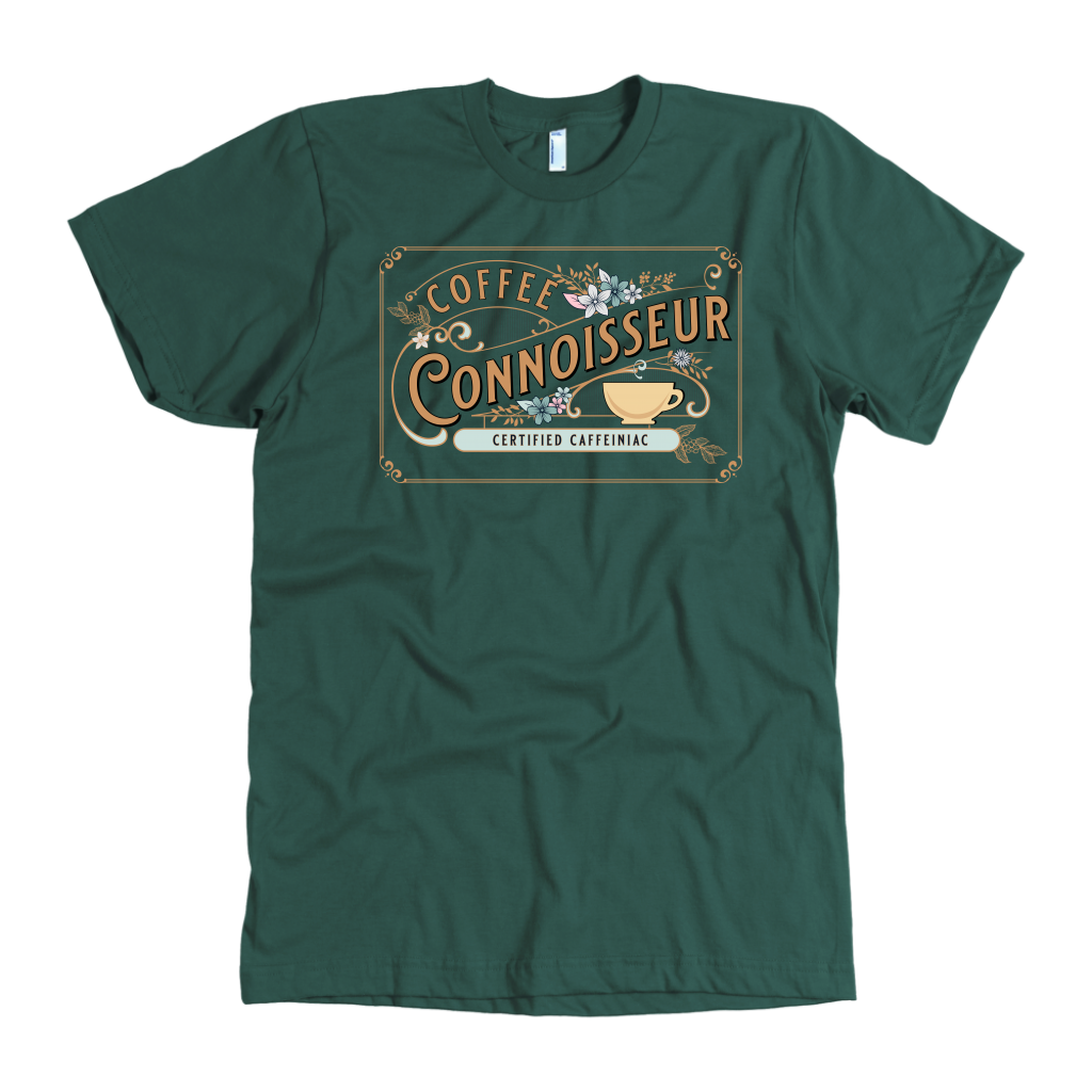 the front view of a man's vintage green t-shirt with the Coffee Connoisseur design by Caffeiniac