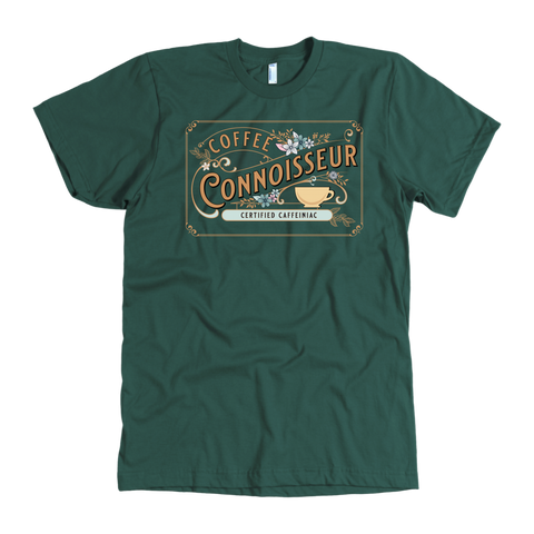 Image of the front view of a man's vintage green t-shirt with the Coffee Connoisseur design by Caffeiniac