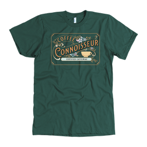 the front view of a man's vintage green t-shirt with the Coffee Connoisseur design by Caffeiniac
