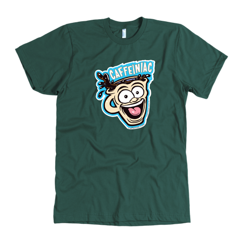 Image of front view of a hunter green mens t-shirt featuring the original Caffeiniac dude cup design