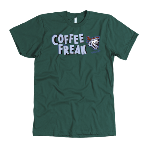 Image of front view of a men's green Caffeiniac t-shirt featuring the Coffee Freak design