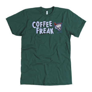 front view of a men's green Caffeiniac t-shirt featuring the Coffee Freak design