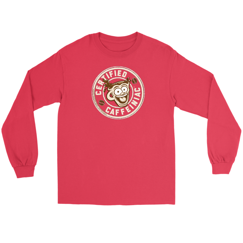 Front view of a red long sleeve t-shirt featuring the Certified Caffeiniac design in tan