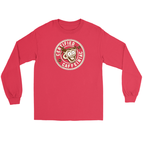 Image of Front view of a red long sleeve t-shirt featuring the Certified Caffeiniac design in tan