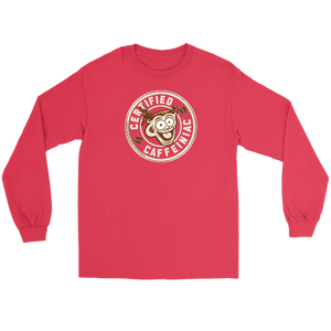 Front view of a red long sleeve t-shirt featuring the Certified Caffeiniac design in tan