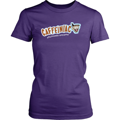 Image of Front view of a District Womens purple Shirt featuring Caffeiniac Aficionado Extreme design