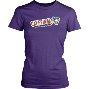 Front view of a District Womens purple Shirt featuring Caffeiniac Aficionado Extreme design