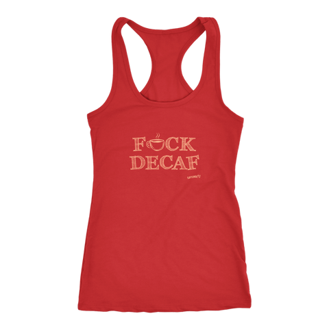 Image of front view of a red tank top with the original Caffeiniac design F_CK DECAF on the front in tan ink