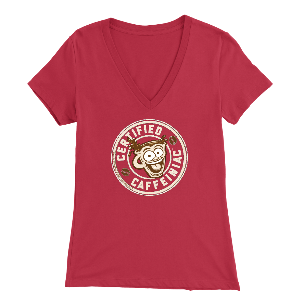front view of a red v-neck shirt featuring the Certified Caffeiniac design on the front
