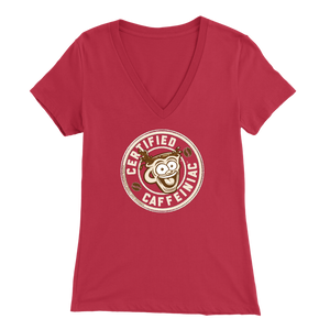 front view of a red v-neck shirt featuring the Certified Caffeiniac design on the front
