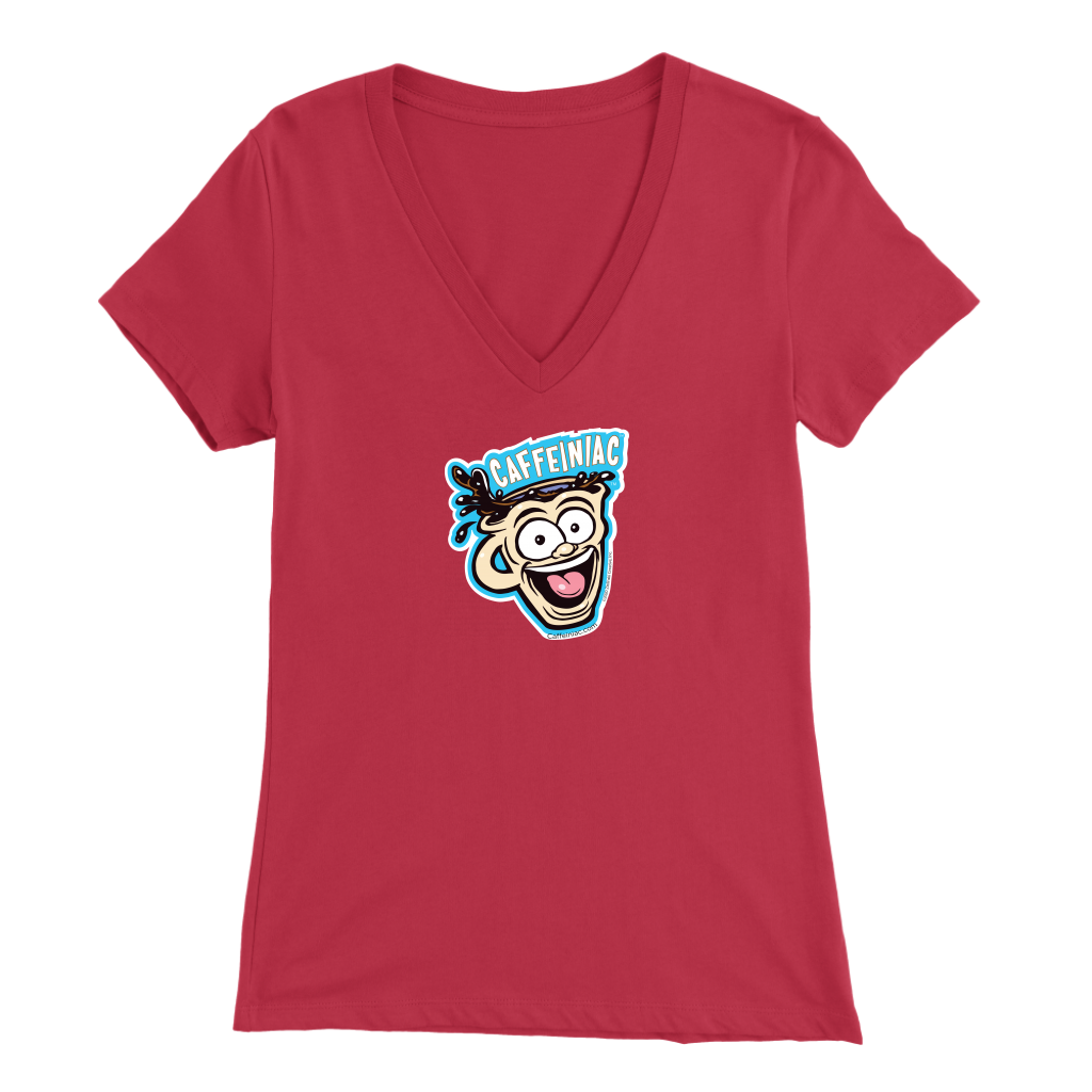 Front view of a red colored womens v-neck light blue shirt featuring the original Caffeiniac Dude cup design on the front