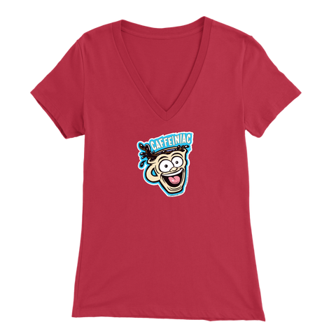 Image of Front view of a red colored womens v-neck light blue shirt featuring the original Caffeiniac Dude cup design on the front