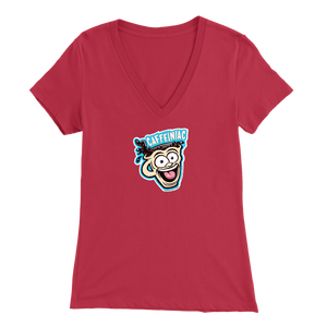 Front view of a red colored womens v-neck light blue shirt featuring the original Caffeiniac Dude cup design on the front