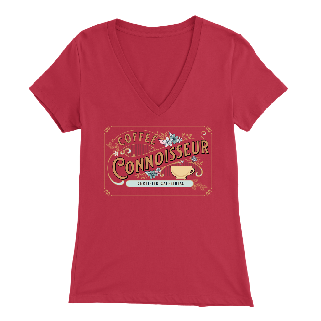 a woman's red v-neck shirt with the Coffee Connoisseur design by Caffeiniac on the front