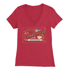 a woman's red v-neck shirt with the Coffee Connoisseur design by Caffeiniac on the front