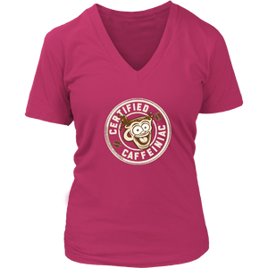 front view of a fuscia v-neck shirt featuring the Certified Caffeiniac design on the front