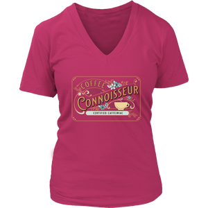a coral colored woman's v-neck shirt with the coffee connoisseur design by Caffeiniac on the front