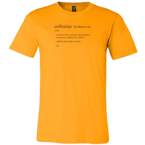 Image of a bright yellow Canvas Mens Shirt featuring the Caffeiniac Defined design on the front