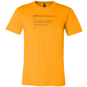 a bright yellow Canvas Mens Shirt featuring the Caffeiniac Defined design on the front