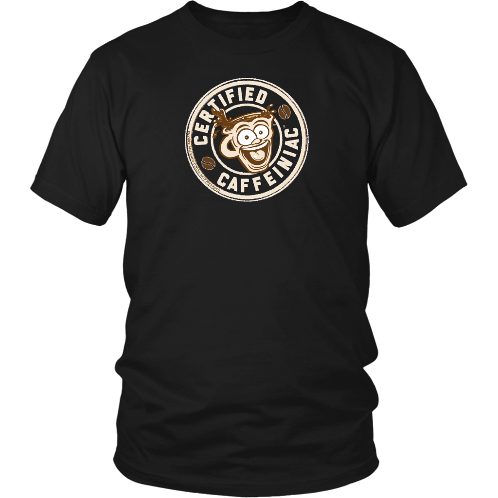 Front view of a men’s black t-shirt featuring the Certified Caffeiniac design in tan ink on the front