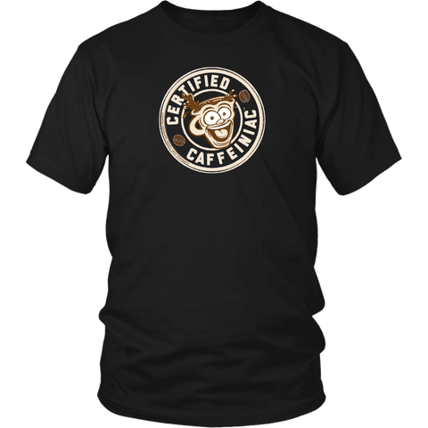 Image of Front view of a men’s black t-shirt featuring the Certified Caffeiniac design in tan ink on the front