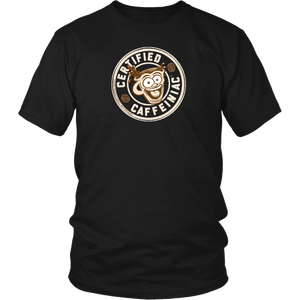 Front view of a men’s black t-shirt featuring the Certified Caffeiniac design in tan ink on the front