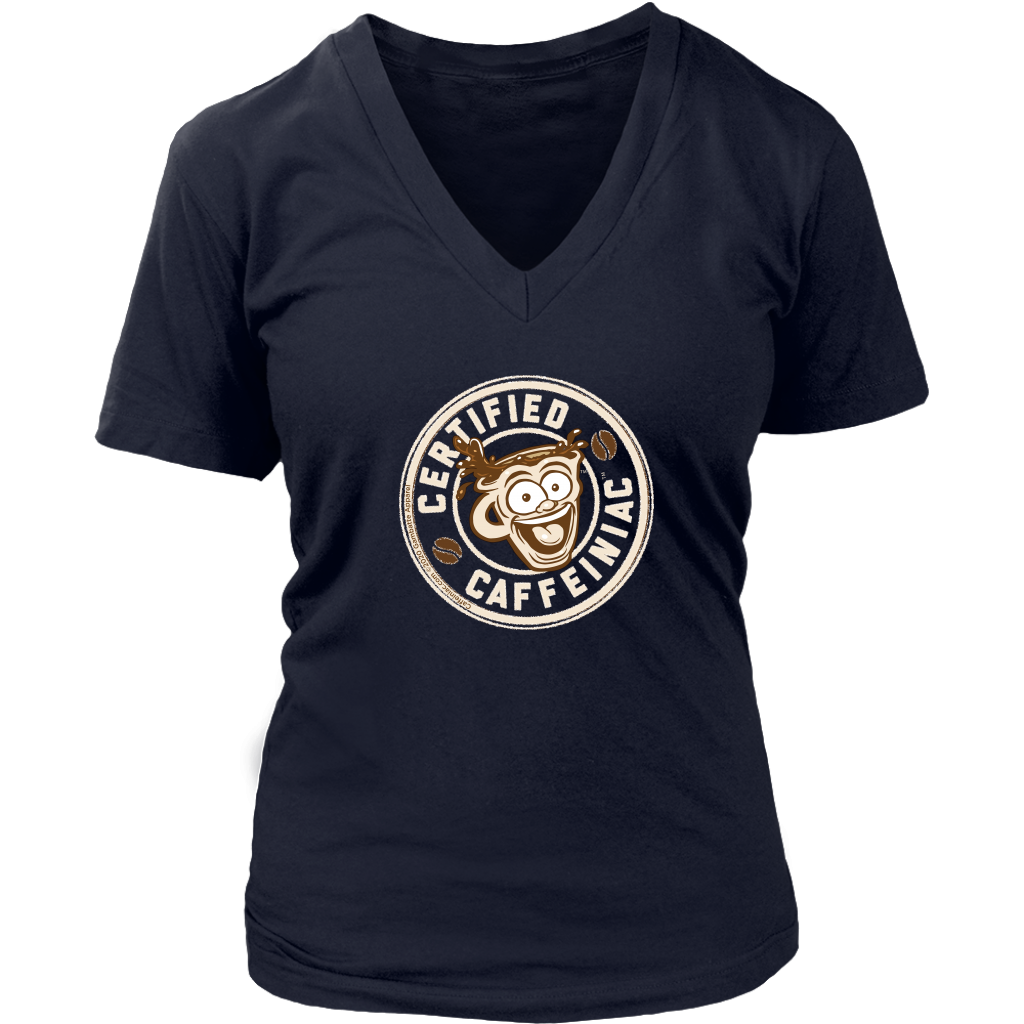 front view of a navy blue v-neck shirt featuring the Certified Caffeiniac design on the front