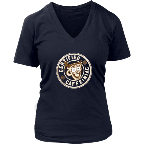 Image of front view of a navy blue v-neck shirt featuring the Certified Caffeiniac design on the front