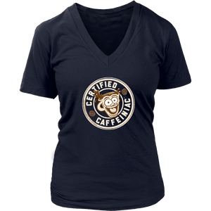 front view of a navy blue v-neck shirt featuring the Certified Caffeiniac design on the front