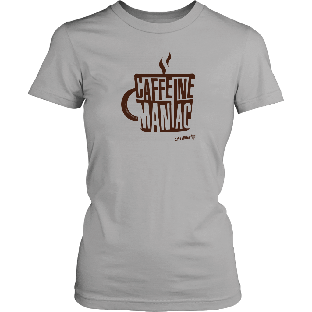 a women's light grey shirt featuring the original coffee lover's design "Caffeine Maniac" by Caffeiniac on the front.