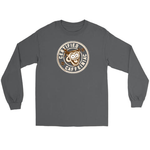 Image of Front view of a grey long sleeve t-shirt featuring the Certified Caffeiniac design in tan