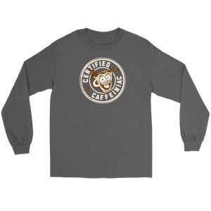 Front view of a grey long sleeve t-shirt featuring the Certified Caffeiniac design in tan