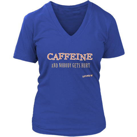 Image of front view of a woman's  royal blue v-neck Caffeiniac shirt with the design CAFFEINE and nobody gets hurt