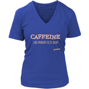 front view of a woman's  royal blue v-neck Caffeiniac shirt with the design CAFFEINE and nobody gets hurt