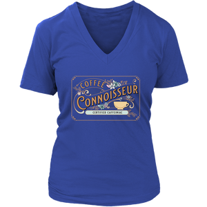 a royal blue woman's v-neck shirt with the coffee connoisseur design by Caffeiniac on the front