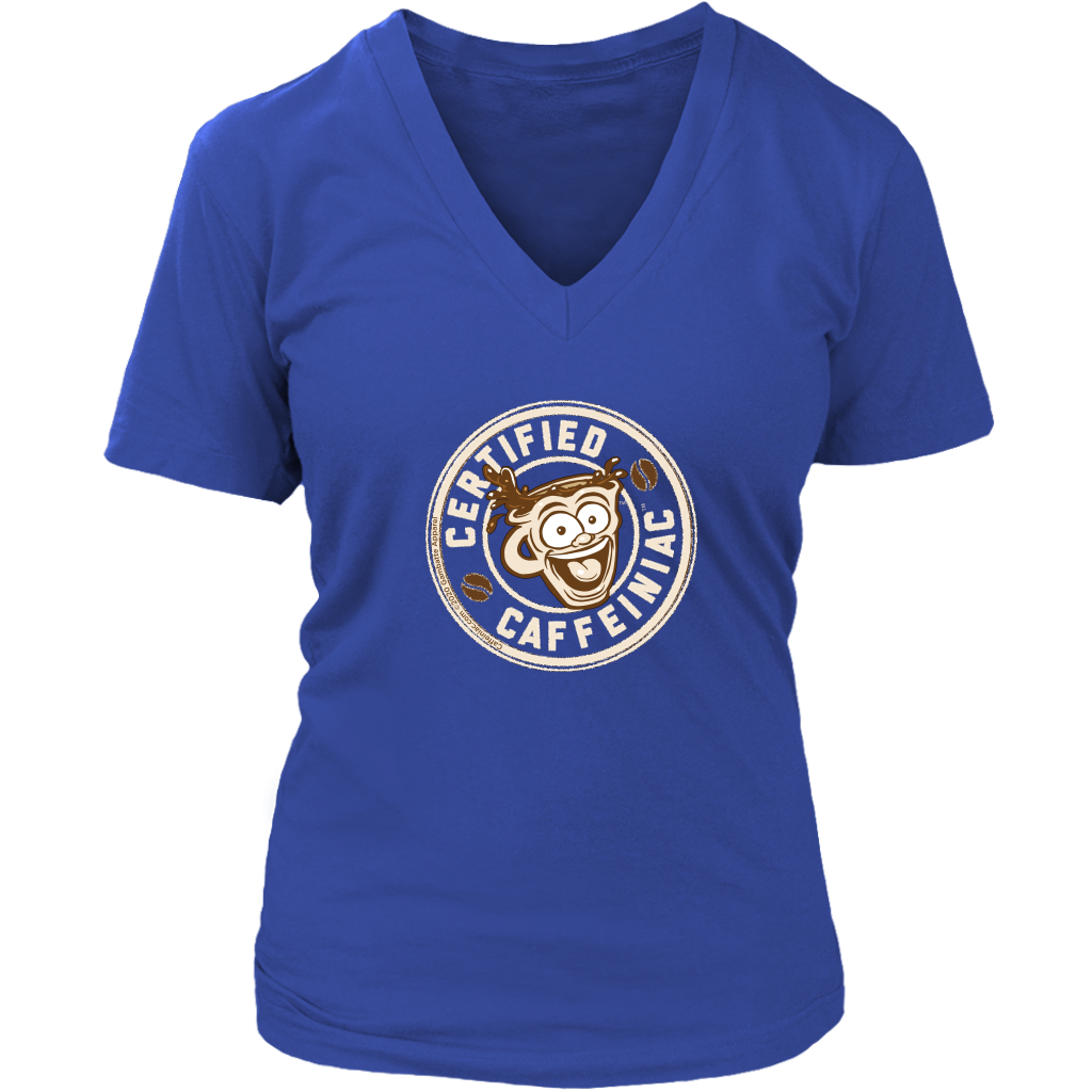front view of a royal blue v-neck shirt featuring the Certified Caffeiniac design on the front