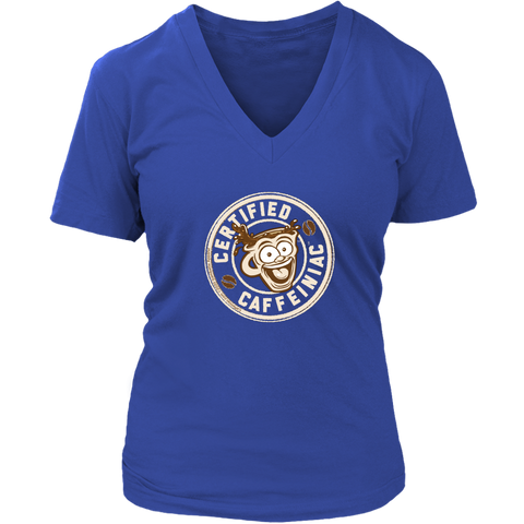 Image of front view of a royal blue v-neck shirt featuring the Certified Caffeiniac design on the front