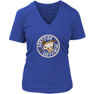 front view of a royal blue v-neck shirt featuring the Certified Caffeiniac design on the front