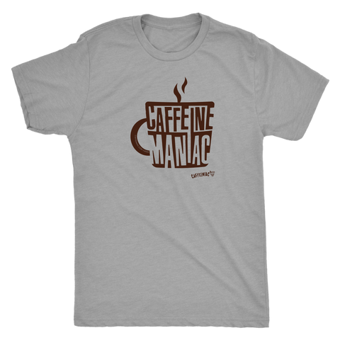 Image of This  mens grey tee features the original coffee lover's design "Caffeine Maniac" by Caffeiniac on the front.