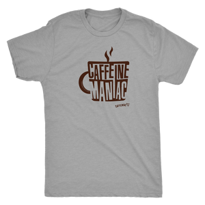 This  mens grey tee features the original coffee lover's design "Caffeine Maniac" by Caffeiniac on the front.