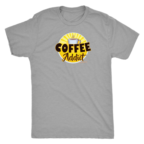 Image of front view of a mens light grey Caffeiniac t-shirt featuring the Coffee Addict design