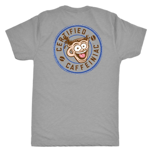 the back view of a grey t-shirt featuring the Certified Caffeiniaic design