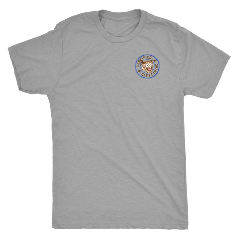Image of The front view of a light grey tshirt with the Certified Caffeiniac design on the front left chest