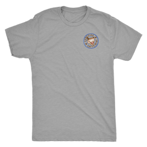 The front view of a light grey tshirt with the Certified Caffeiniac design on the front left chest