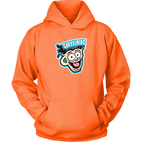 Image of Front view of an orange unisex Hoodie featuring the original Caffeiniac Dude cup design on the front