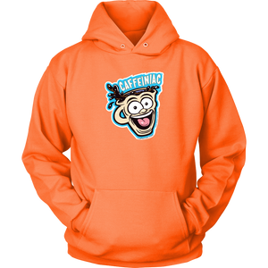 Front view of an orange unisex Hoodie featuring the original Caffeiniac Dude cup design on the front