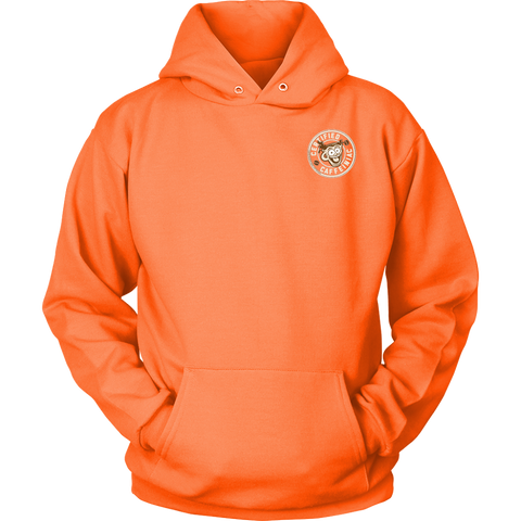 Image of  front view of a bright orange hoodie with the Certified Caffeiniac design on the front left chest