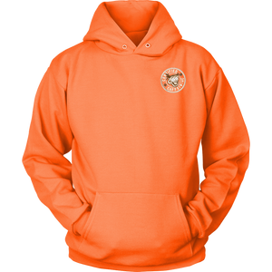  front view of a bright orange hoodie with the Certified Caffeiniac design on the front left chest